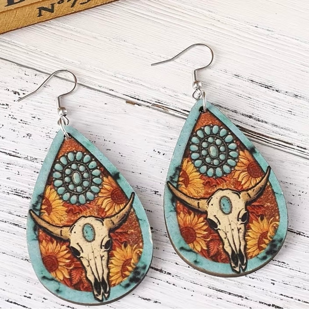 Boho Skull Sunflower Turquoise Teardrop Earrings‎ Western Statement Earrings - Picture 3 of 5
